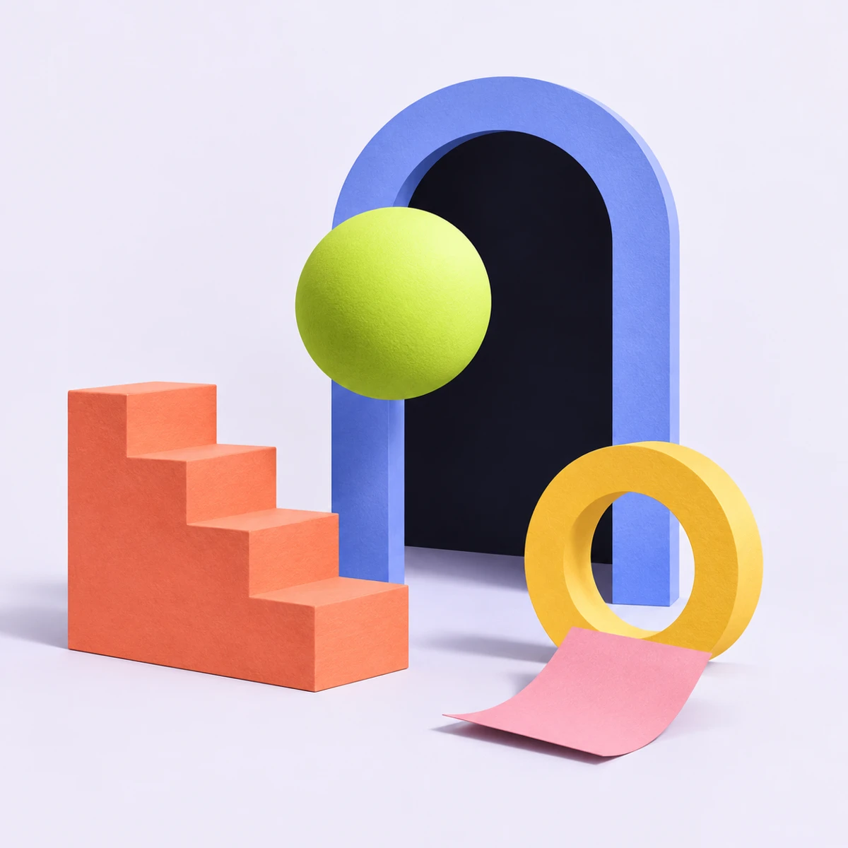 A playful sculptural collage of an arched doorway, a lime sphere, steps and colorful shapes.
